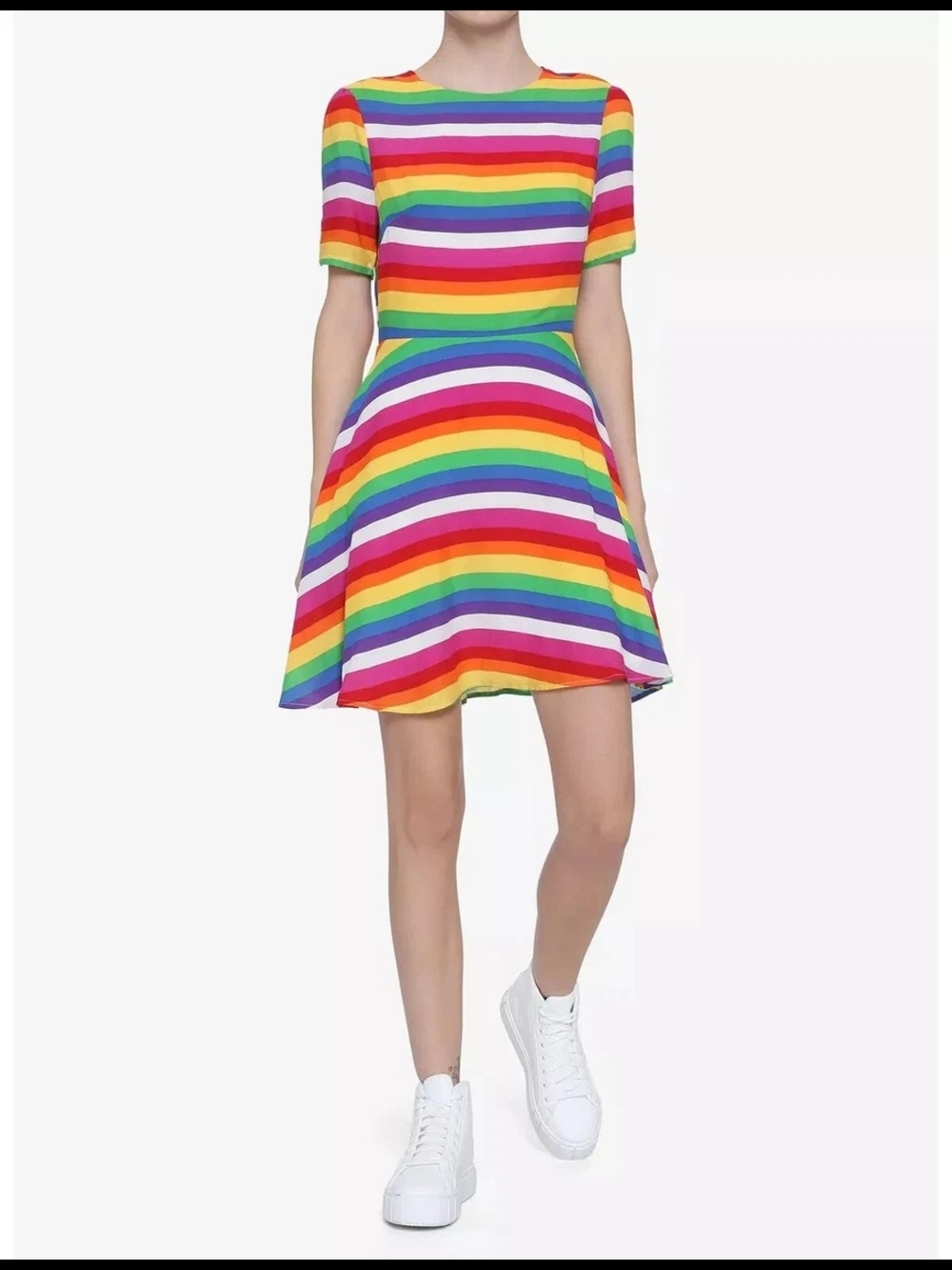 Rainbow Stripe Short Sleeve Fit & Flare Dress - Multicolor (from Hot Topic)